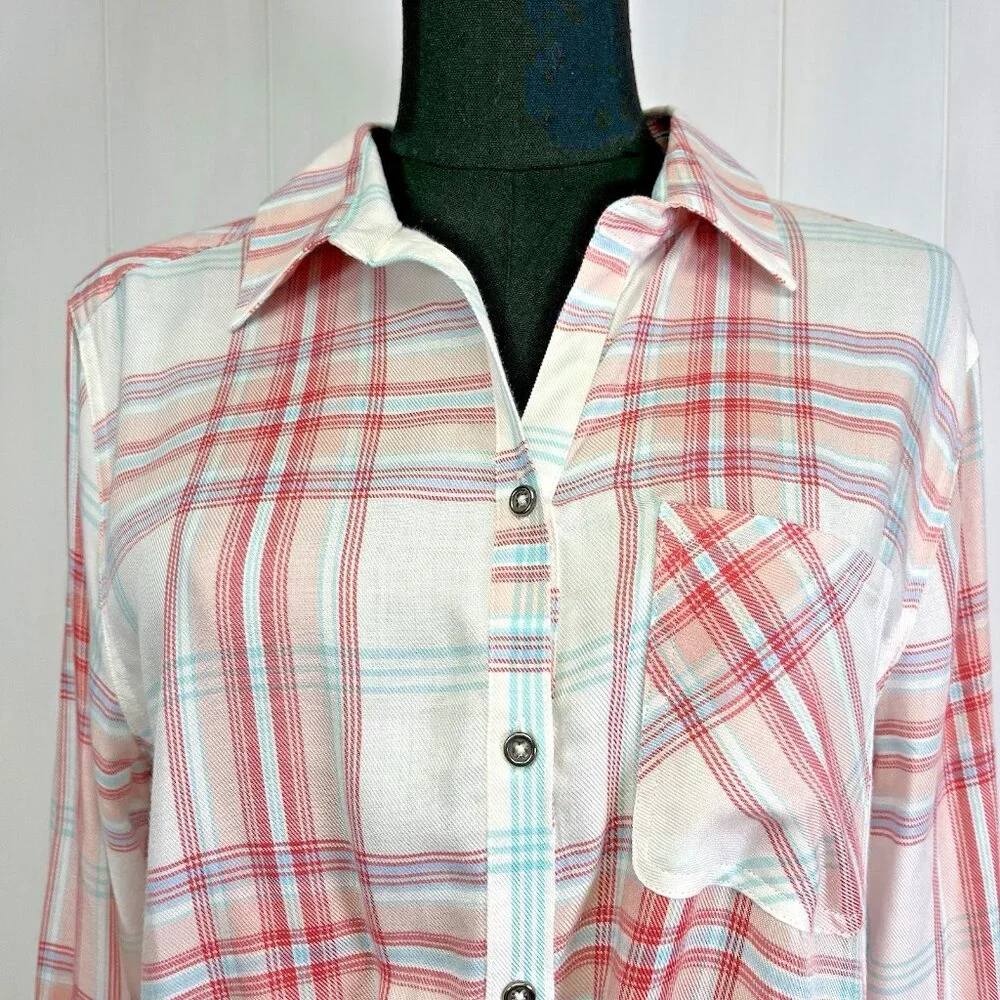 C & C California Womens Top High Low Twist Front Plaid Pullover Coastal‎ Pastel - Picture 2 of 10